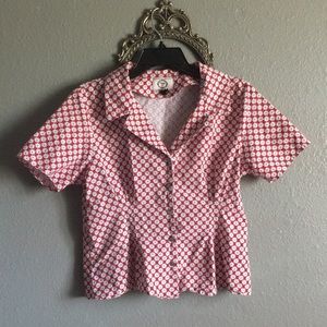 Floral collared button up top red, white and blue